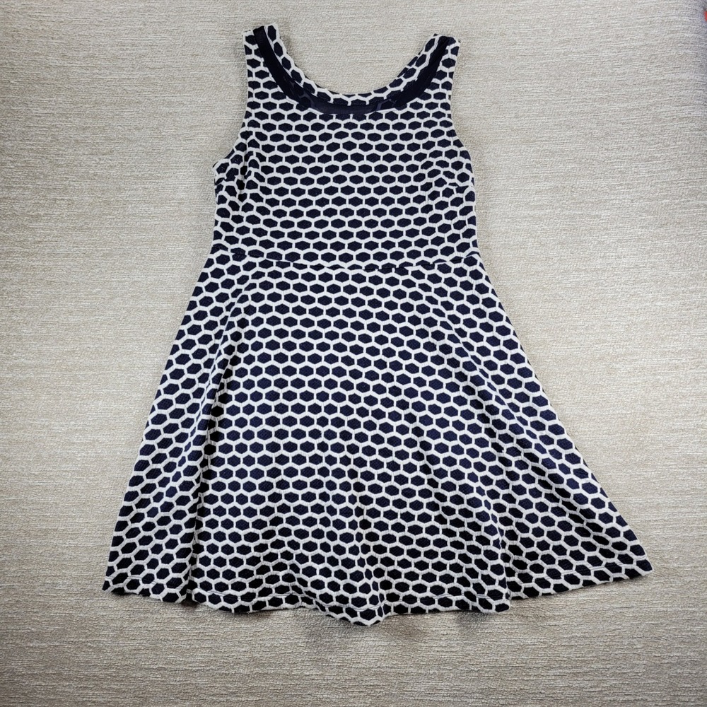 Pixley Fit Flare Dress 1X Navy White Geometric Honeycomb Sleeveless Stretch